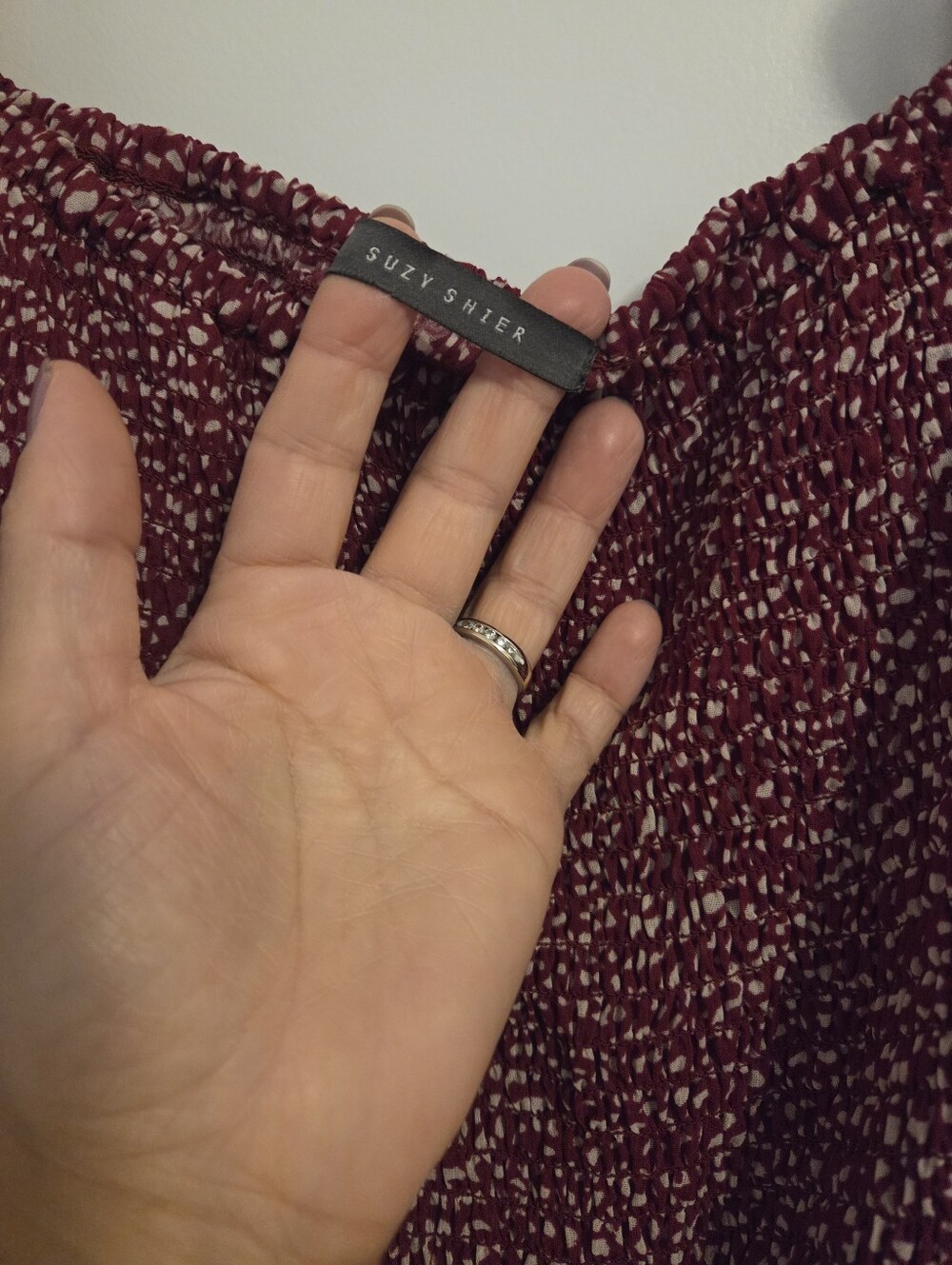 Smocked Puff Sleeve Midi Dress in Burgundy Speckle - Small - Picture 5 of 8